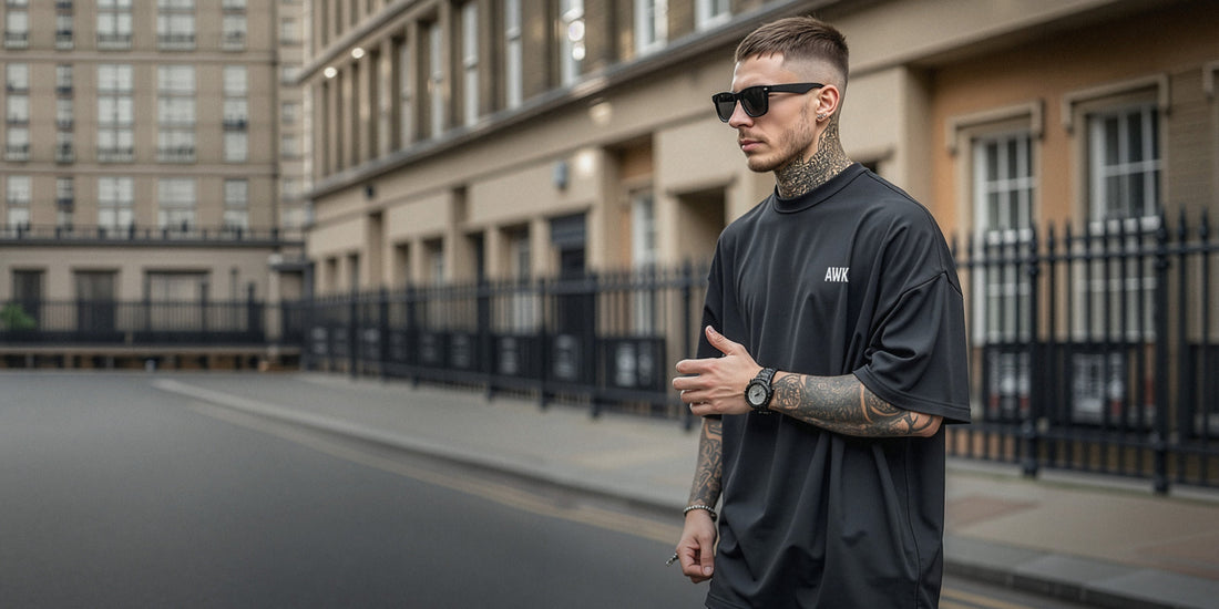 Man wearing oversized black streetwear t-shirt with tattoos in urban UK setting