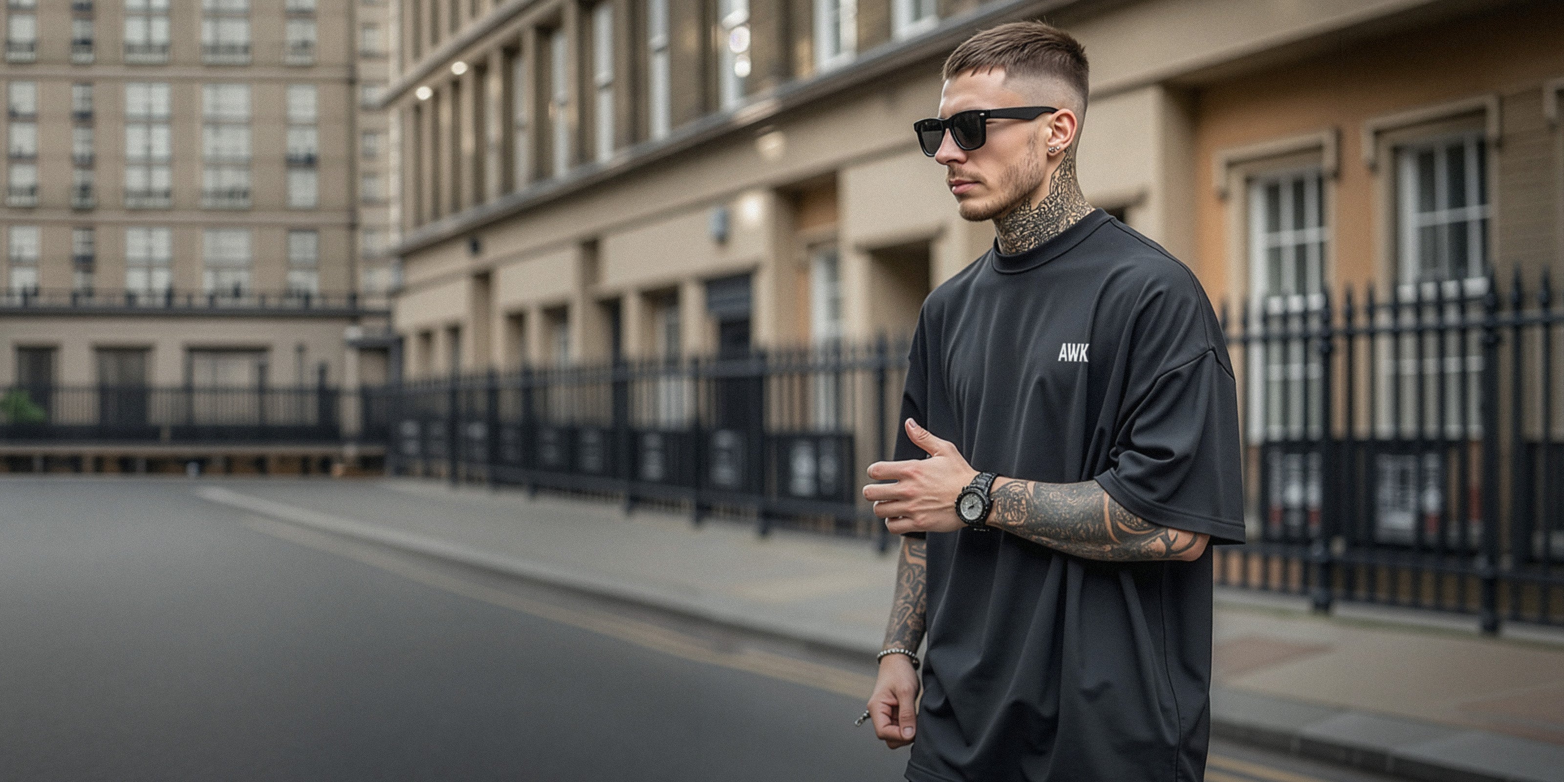 Man wearing oversized black streetwear t-shirt with tattoos in urban UK setting