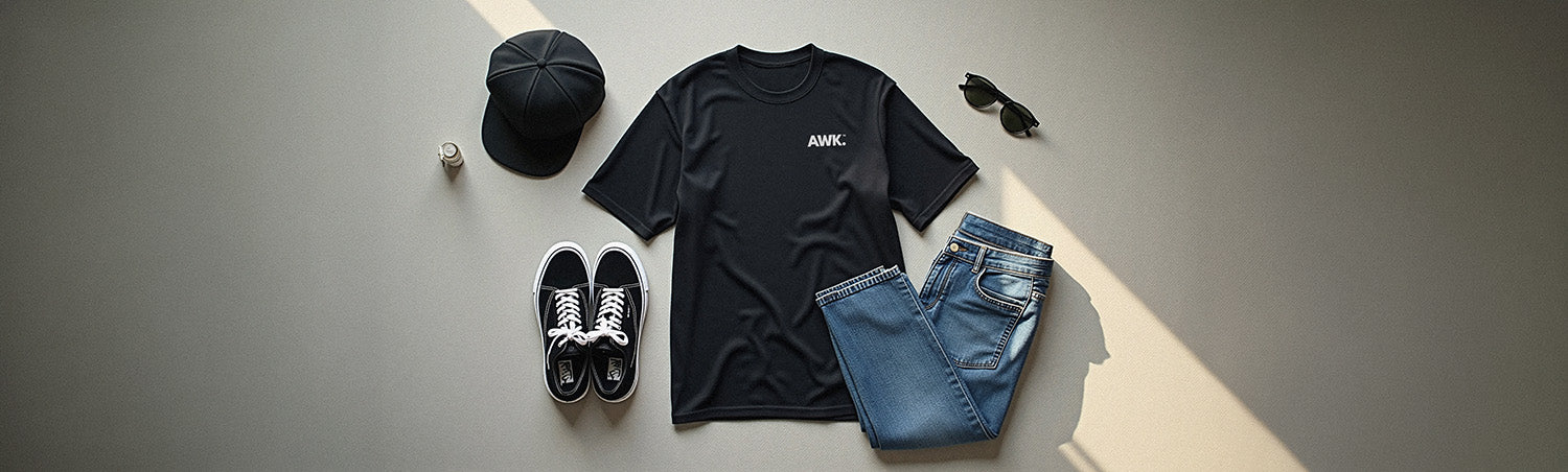 Flat lay of oversized streetwear outfit with black t-shirt jeans Vans trainers and accessories