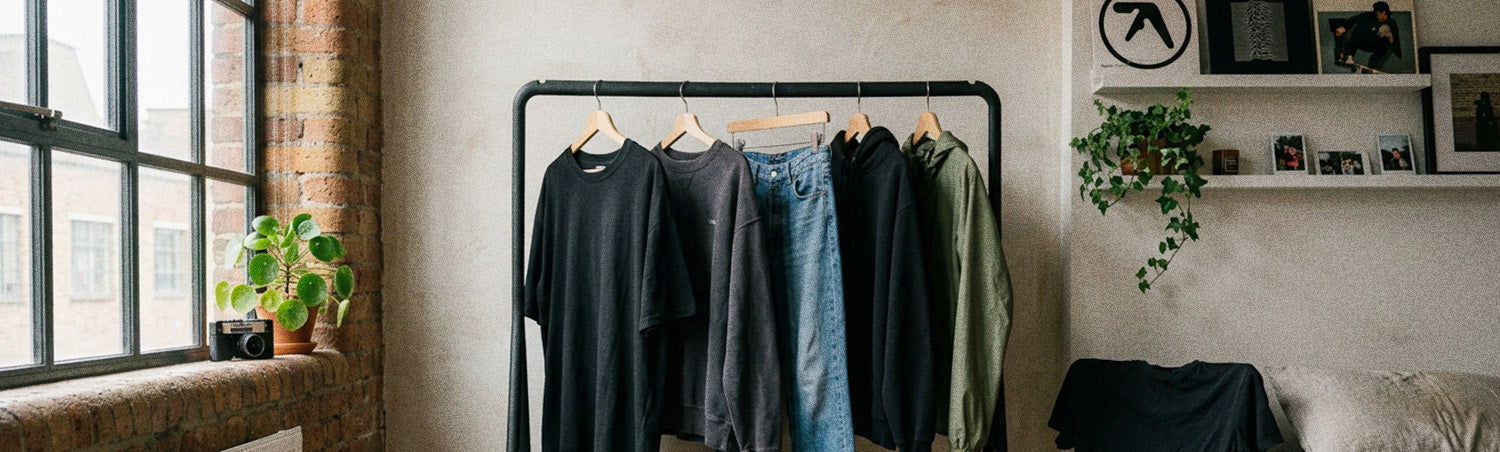 Everyday streetwear wardrobe with oversized t-shirt, jeans and favourite regularly worn pieces