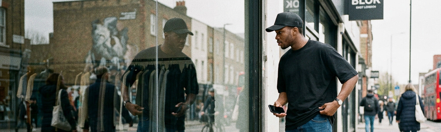 Young man checking his outfit in a city reflection, exploring personal style and self-presentation